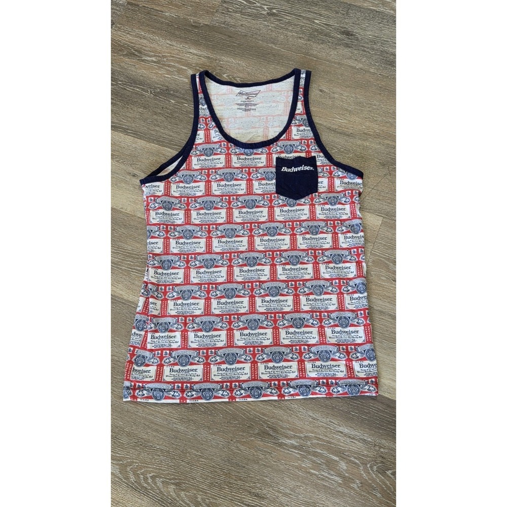 Budweiser‎ Tank Top Mens Medium Red All Over Print Excellent Pocket Beer Logo